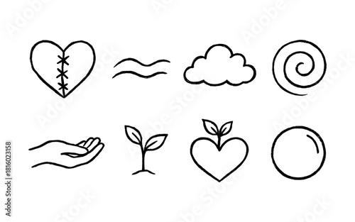 Simple hand-drawn symbols of nature and love in black and white