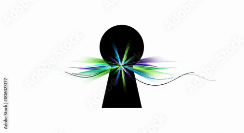Abstract lightburst emanates from a dark keyhole shape on a white background