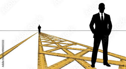 Silhouette of determined businessman standing at a diverging path, contemplating future strategy and success.