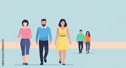 Diverse group of people walking together in a modern setting.