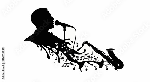 Silhouette of a male vocalist and saxophone player with flowing musical notes, symbolizing jazz performance.