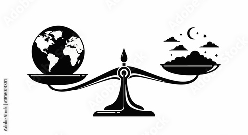 Symbolic scale balances the Earth against the moon and stars, representing global balance and cosmic connection.