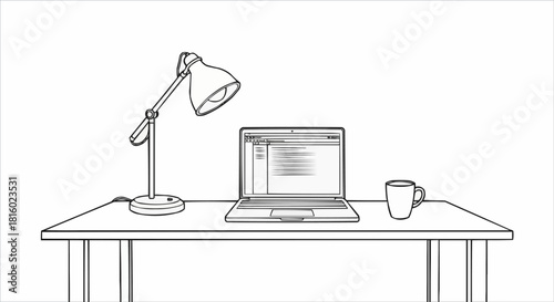 Minimalist desk setup with laptop lamp and mug sketch.