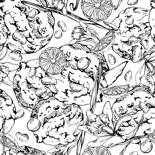 Gelato ice cream scoops with orange citrus slices, glossy candy beads, vanilla flower pods. Vector graphic seamless pattern hand drawn in ink. Botanical food art, flavor tag, artisan organic label