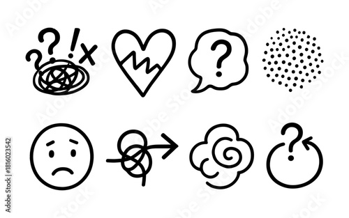 Minimalist doodle icons depicting confusion, emotion, and questions