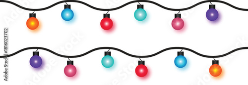 Glowing holiday lights garland with multicolored bulbs. Color christmas lights. Horizontal decorative bulb strings with wavy wire and festive glow arrangement