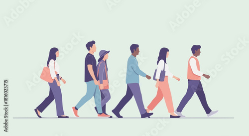 Diverse group of young people walking in a single line illustration.