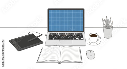Minimalist workspace scene featuring a laptop, drawing tablet, and analog elements ideal for