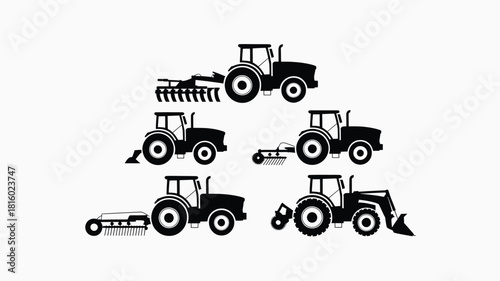 Collection of five distinct black tractor silhouettes with various farming implements attached displayed against a plain white background silhouette