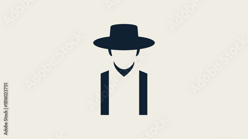 A minimalist flat design illustration of a person wearing a dark hat and suspenders presented as a clean silhouette