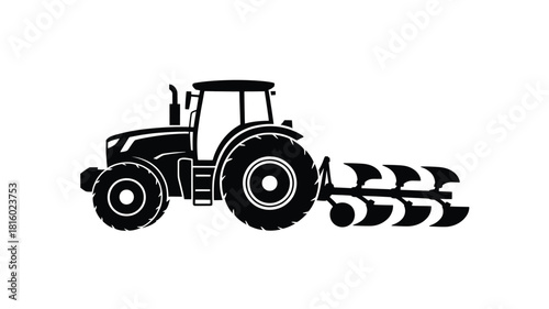 A bold black silhouette of a modern tractor with a roller attachment representing agricultural work and farming equipment silhouette