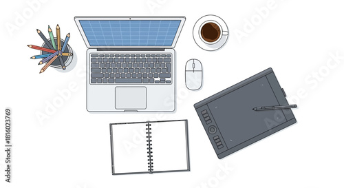 Illustrative workspace environment featuring a laptop, tablet, coffee, and notebook for creative