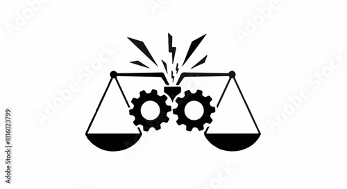 Mechanical scales symbolizing balance and conflict with a spark of energy.