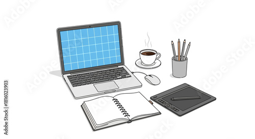 Creative workstation with modern tools for design and drawing inspiration featuring laptop graphic