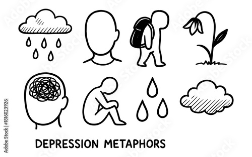 Depression symbols: head silhouettes and doodles conveying mental health themes