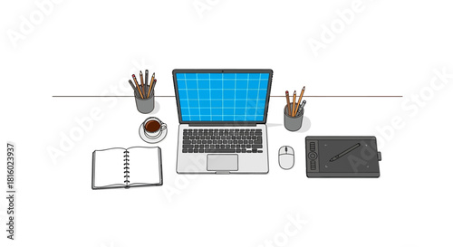 Creative workspace scene with laptop, graphics tablet, notebook, coffee and pencils