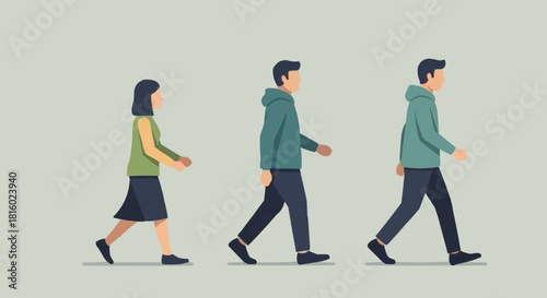 Three people walking in a line side view illustration.