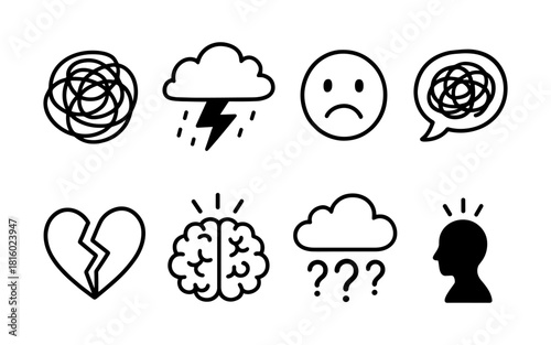 Minimalist emotional icons: anxiety, sadness, and mental health symbols