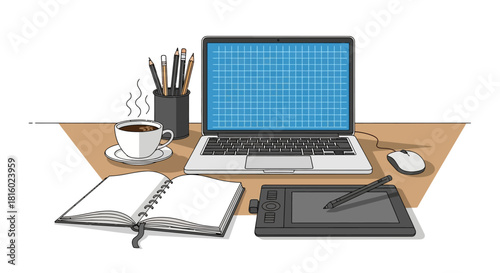 Illustrative representation of a creative workspace featuring digital and traditional tools of