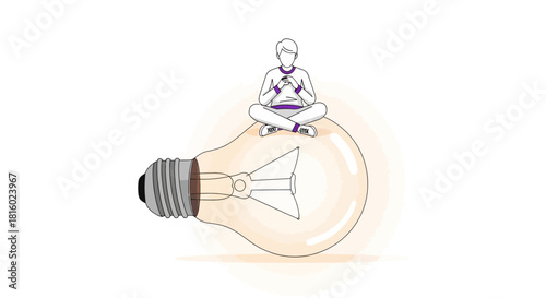 Person contemplating with mobile sitting on light bulb representing innovative thinking