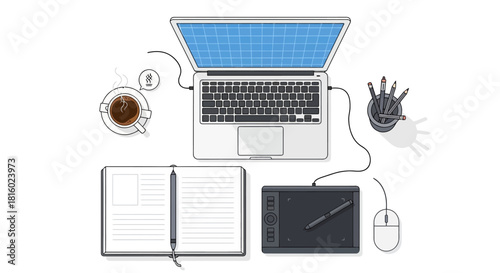 Workspace illustration featuring a laptop, drawing tablet, notebook and cup of coffee