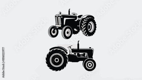 Two vintage tractor silhouettes facing forward on a light gray background agricultural machinery vector illustration silhouette