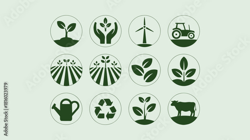 Collection of twelve oval icons representing agriculture and sustainability in a clean silhouette style