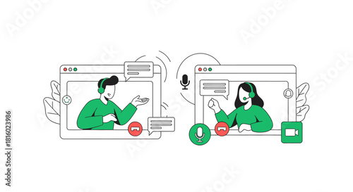 Online video communication with virtual meeting concept illustration design