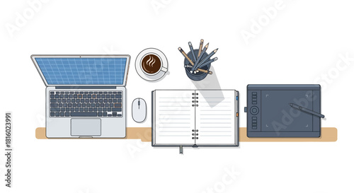 Workplace setup flat lay with laptop graphic tablet notebook and coffee workspace scene