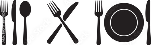 Fork, knife, spoon and plate set icons. Tableware set flat style. Dinner service collection. Plate, fork and knife for apps and websites. Dinner service - stock vector