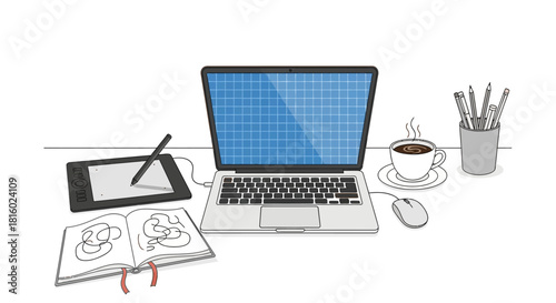 Freelance designer's digital workspace arrangement presenting innovative graphic design technology