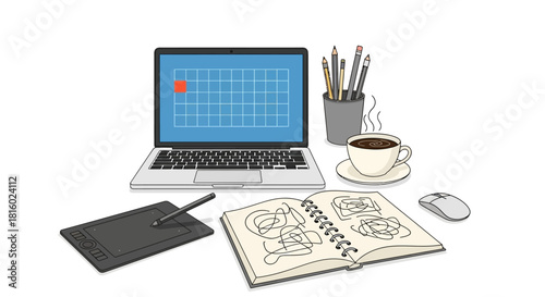Creative Workspace with Laptop, Sketchbook, Graphic Tablet and Refreshing Coffee Illustration