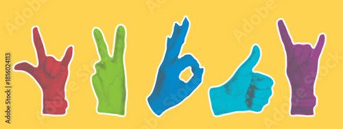 Female hands set. Retro halftone effect. Woman hand with positive gestures Pop art style. Bright modern elements for collaging, vector graphics
