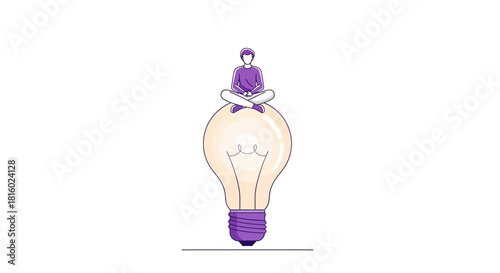 Person meditating atop a giant lightbulb representing innovation or enlightenment