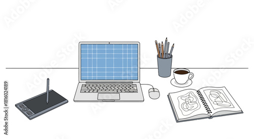 Workspace ambiance: Digital artist's desk with laptop, graphics tablet and sketchbook for