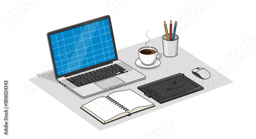 Creative workspace illustration featuring laptop, graphic tablet, coffee and notebook