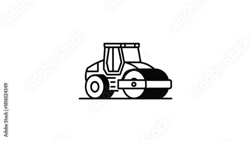 Simple black and white line art illustration of a road roller machine used for construction and paving roads presented as a clean silhouette