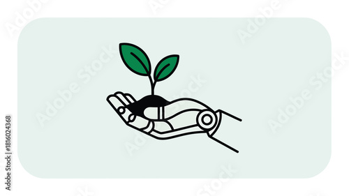 A simple line art silhouette of a robotic hand gently cradling a small green seedling with two leaves growing from dark soil symbolizing technology and nature s growth silhouette