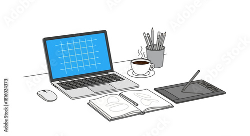 Creative workspace setup with a laptop, graphic tablet and coffee for inspiration and development