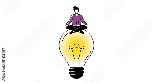 Illustration depicting a person meditating atop a glowing light bulb for inspiration
