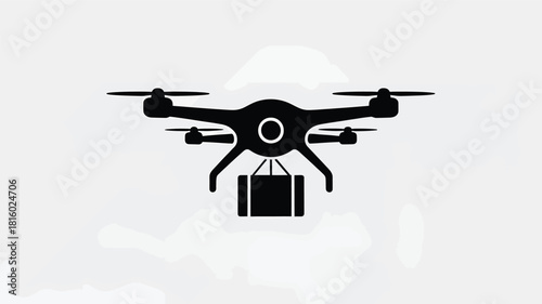Modern quadcopter drone carrying a package in a simple black silhouette against a light gray background for delivery and technology concepts silhouette