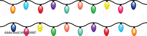 Christmas color holiday lights isolated on transparent background. Horizontal decorative bulb strings with curved wire and festive glow display. Vector illustration