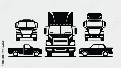 Collection of black vehicle silhouettes including semi trucks pickup truck and car against a light gray background silhouette