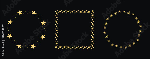 Shining starry golden frames for holiday designs. Round rims and square shapes. Blank metallic gold borders. Vector elements