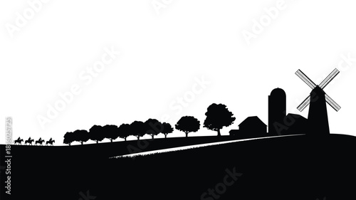 A picturesque rural landscape silhouette featuring a windmill silo and a line of trees with horse riders on a path under a bright sky