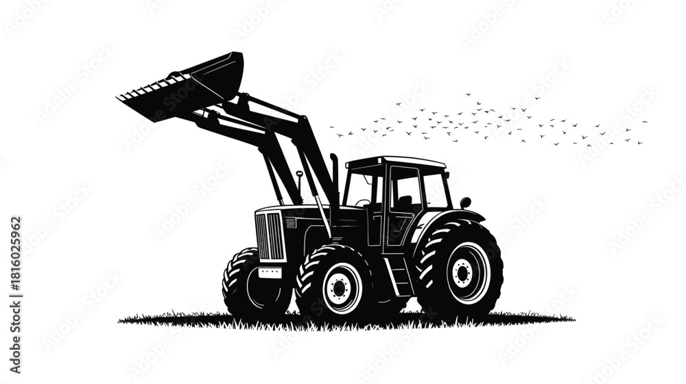 Naklejka premium A powerful agricultural tractor with a raised front loader bucket depicted in a striking black and white silhouette against a plain background conveying strength and industry silhouette