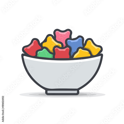 A_Simple_flat_2D_icon_of_a_bowl_of_gummy_bears_isolated_on_white, simple illustration with EPS format design, simple flat 2D icon, minimalist design, clipart