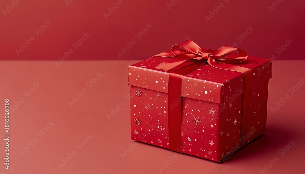 Obraz premium Luxuriously Wrapped Christmas Gift Box with Velvet Ribbon on Rustic Wooden Surface