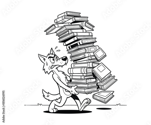 Cartoon wolf carrying stack of books while walking in line art style