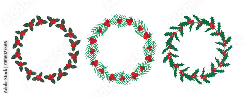 Christmas wreaths of holly, berries, fir branches set. Round natural frames. Circle template for festive winter design. Vector graphic